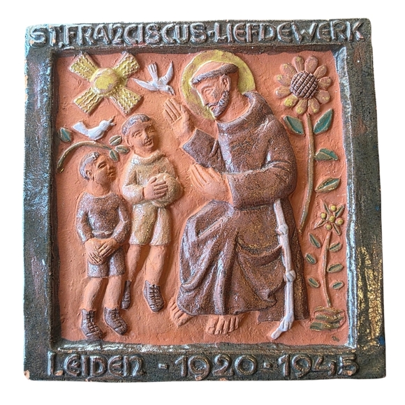 St. Francis Terracota Relief Plaque Hanging Tile Handmade Handpainted
